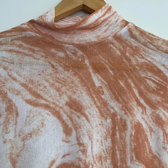 HYFVE Long Sleeve Sheer Turtleneck. Peach & White Marbleized Print Size S - Picture 2 of 10